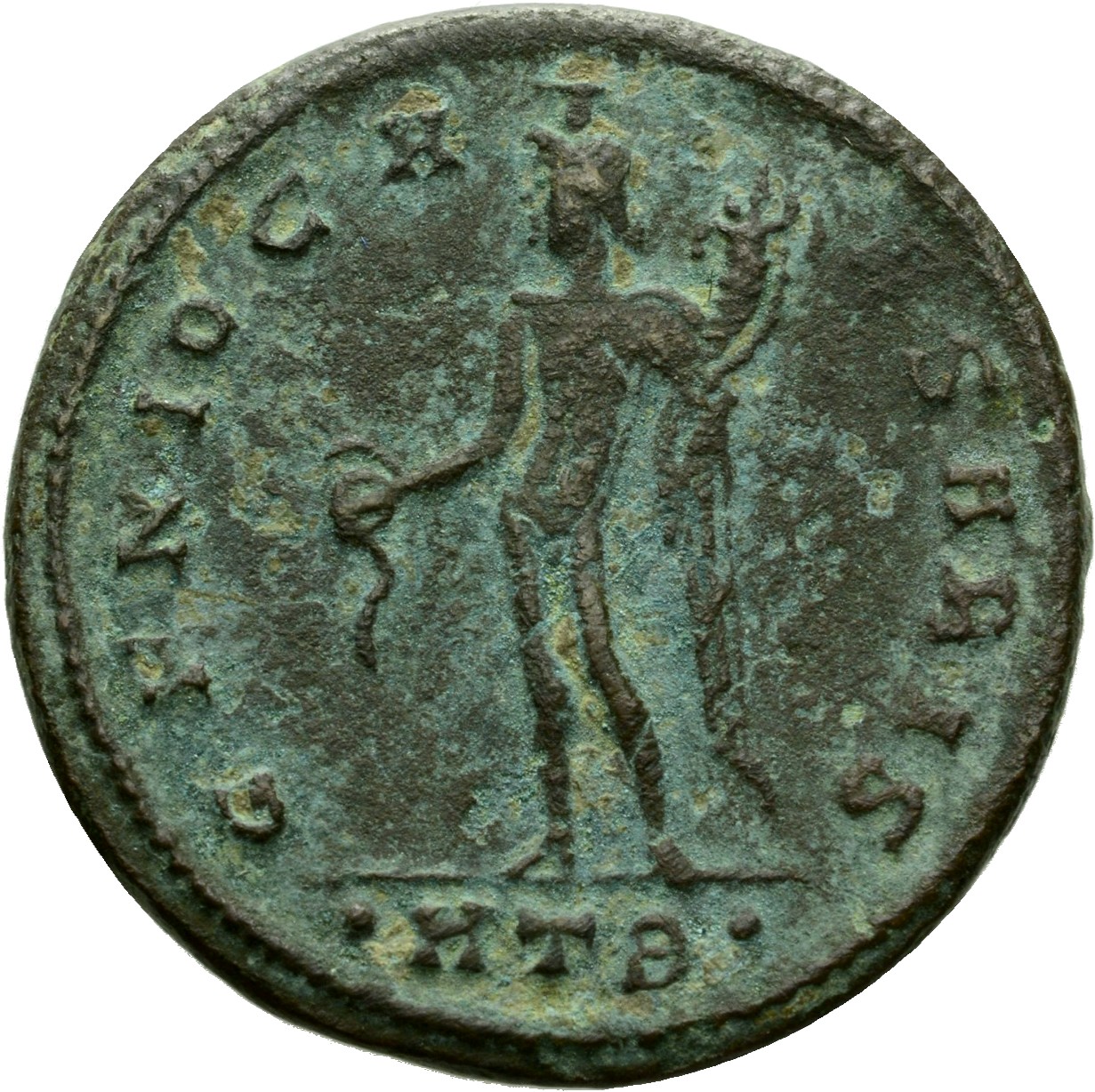 RIC VI Heraclea 36 Galerius reverse, Genius, wearing modius, nude, chlamys draped over left shoulder, standing left, pouri...