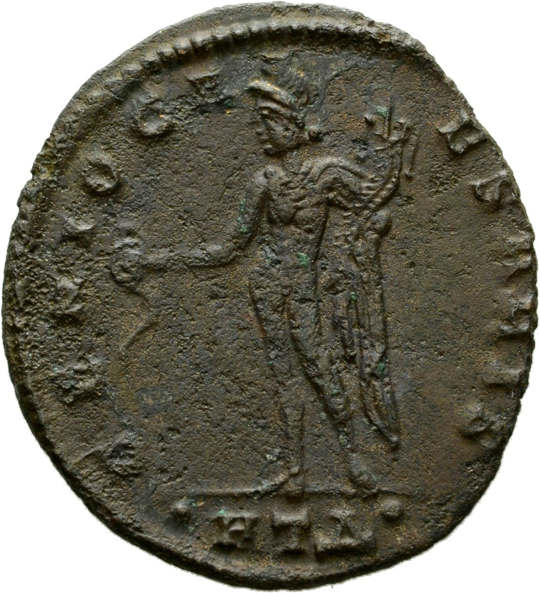 RIC VI Heraclea 36 Galerius reverse — Genius, wearing modius, nude, chlamys draped over left shoulder, standing left, pour...