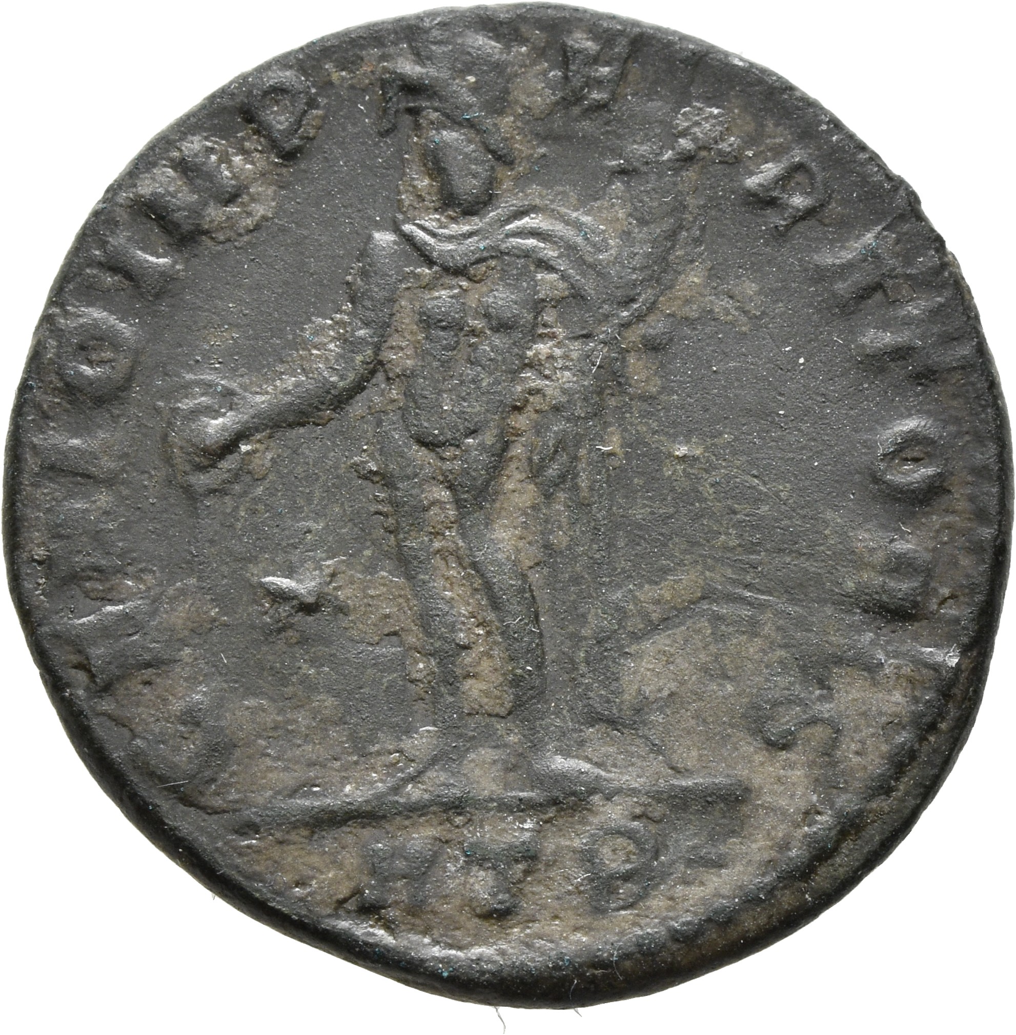 RIC VI Heraclea 49a Galerius reverse — Genius, wearing modius, nude, chlamys draped over left shoulder, standing left, pou...
