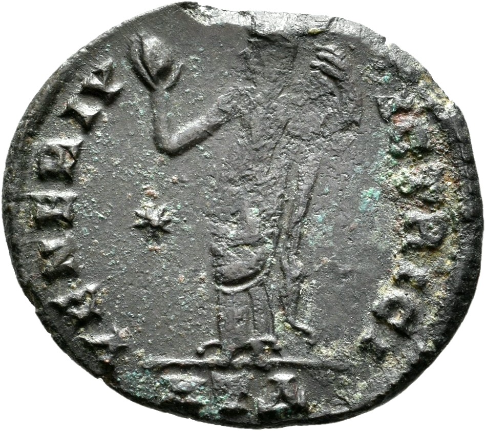 RIC VI Heraclea 50 Galerius reverse — Venus, draped, standing front, head left, holding up apple with right hand, raising ...
