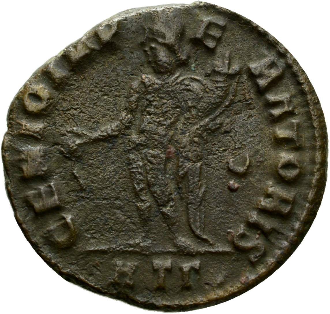 RIC VI Heraclea 53b Galerius reverse, Genius, wearing modius, nude, chlamys draped over left shoulder, standing left, pour...