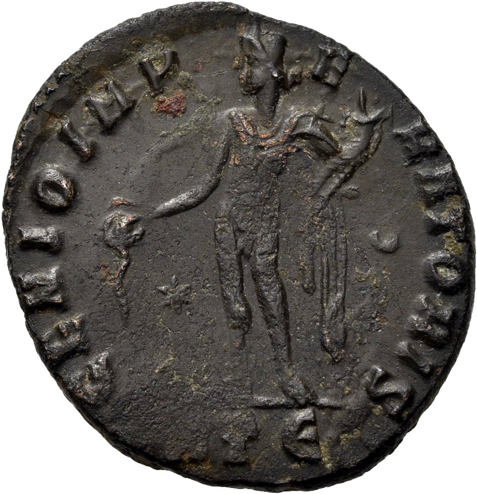 RIC VI Heraclea 59b Galerius reverse, Genius, wearing modius, nude, chlamys draped over left shoulder, standing left, pour...