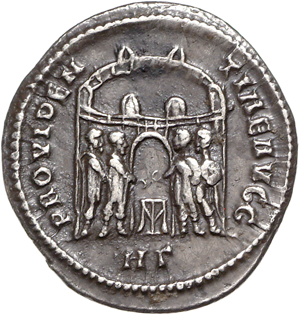 RIC VI Heraclea 9 Diocletian reverse, Diocletian, Maximian, Constantius Chlorus, and Galerius, draped, sacrificing over tr...