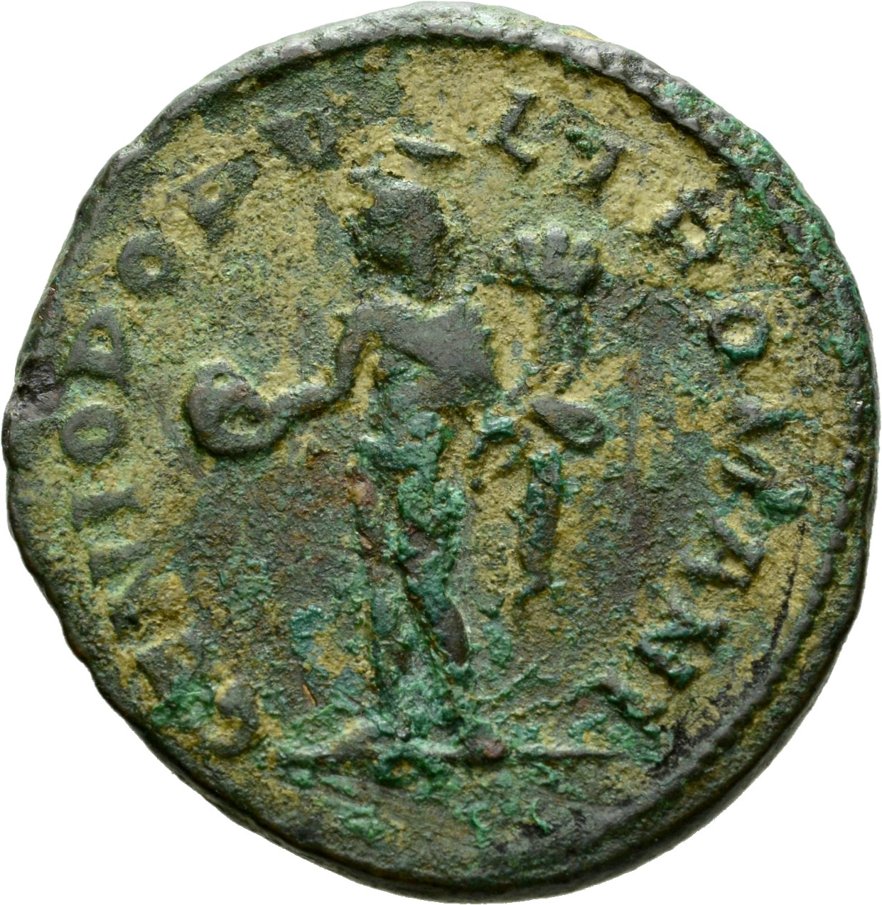 RIC VI Londinium 10 Maximian reverse, Genius, wearing modius, nude, chlamys draped over left shoulder, standing left, hold...