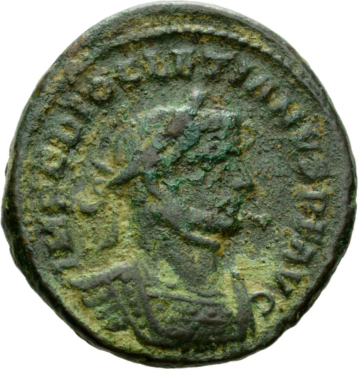 RIC VI Londinium 10 Maximian obverse, Bust of Diocletian, laureate, cuirassed, right, seen from behind. With small head on...