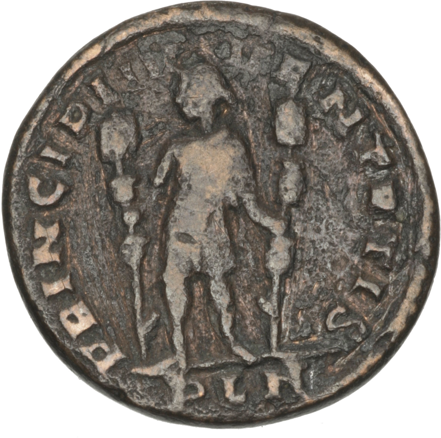 RIC VI Londinium 112 Constantine I reverse, Constantine I, draped, cuirassed, standing front, head left, holding standard ...