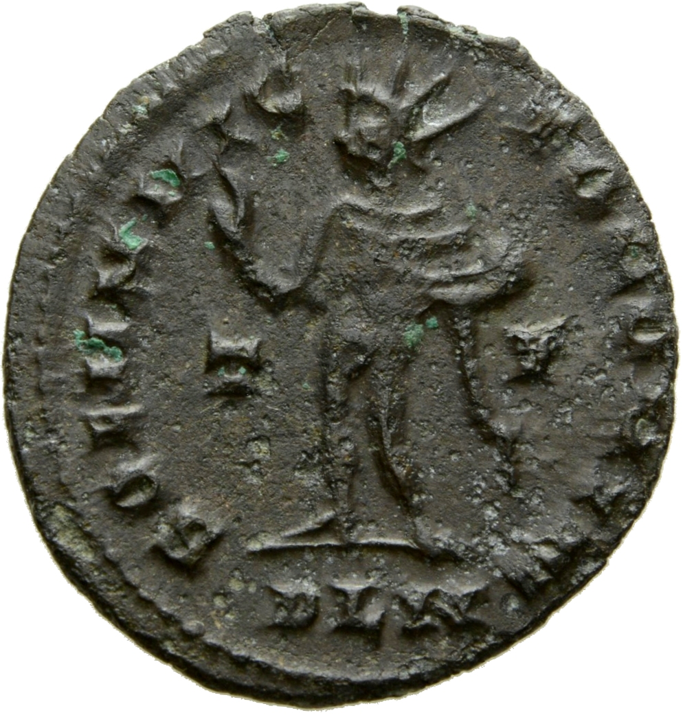 RIC VI Londinium 121a Constantine I reverse, Sol, chlamys falling from left shoulder, standing left, raising right hand an...