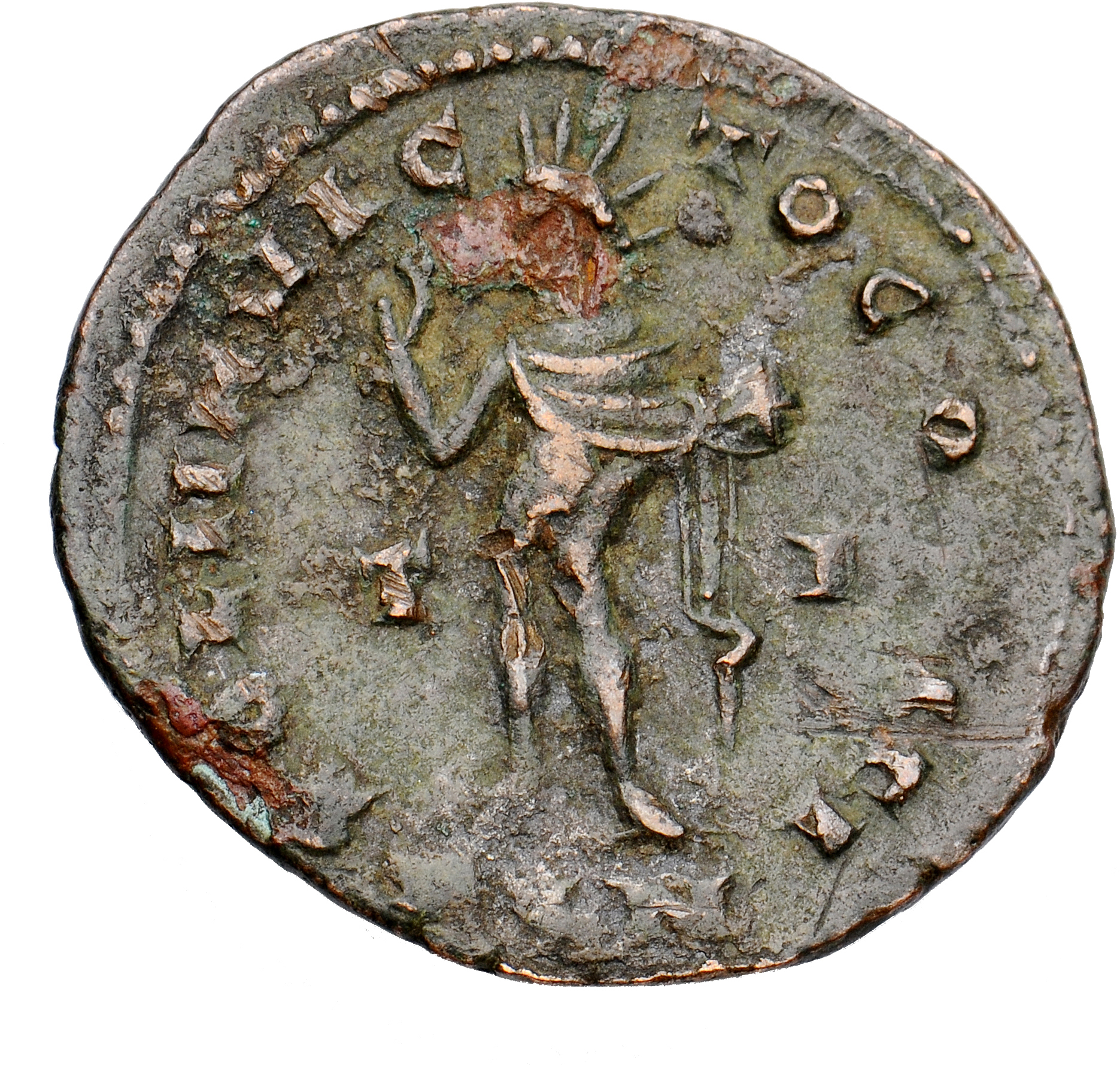 Constantine I reverse — Sol, chlamys falling from left shoulder, standing left, raising right hand and holding up globe with left hand