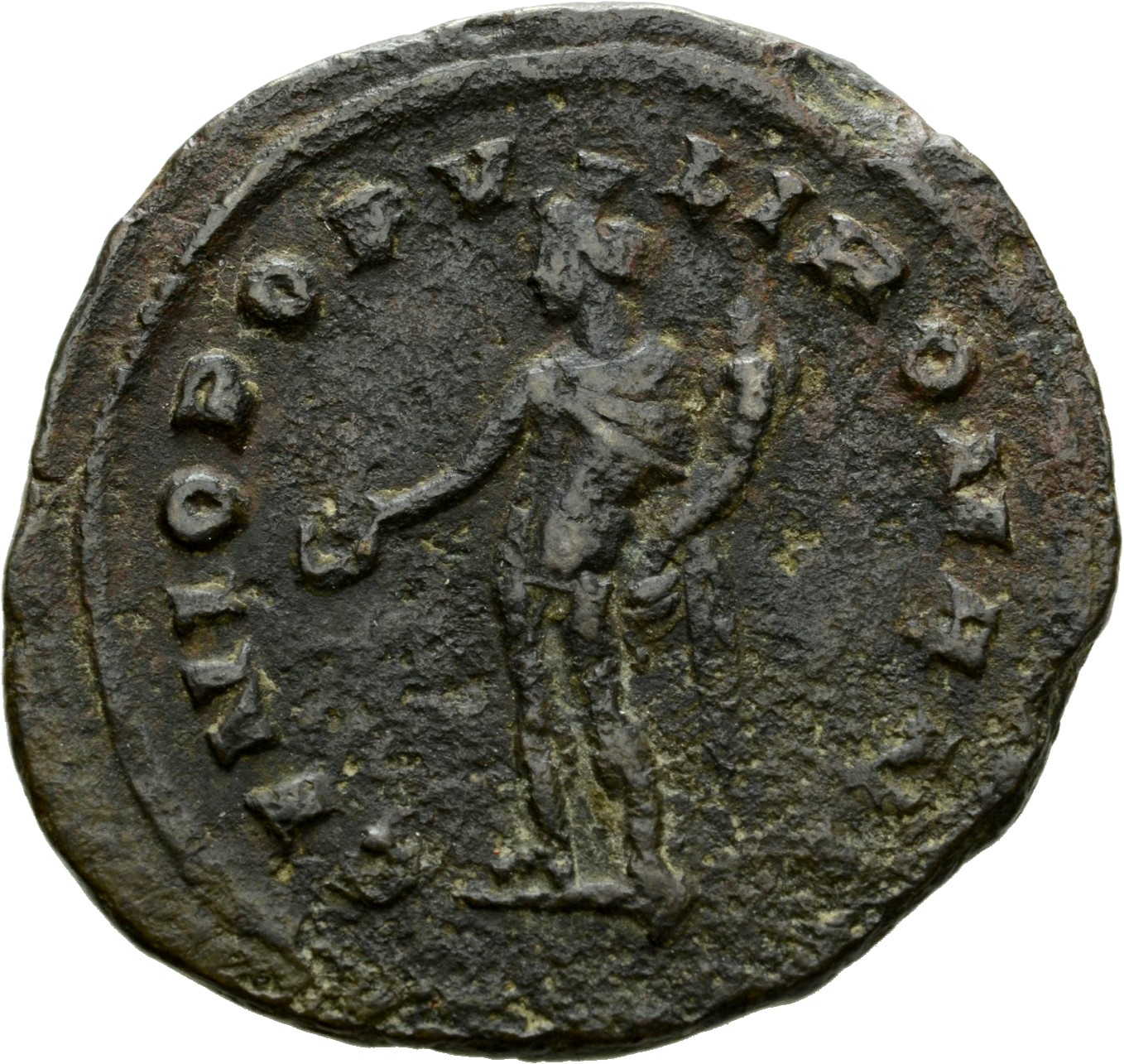 RIC VI Londinium 13 Maximian reverse, Genius, wearing modius, nude, chlamys draped over left shoulder, standing left, hold...