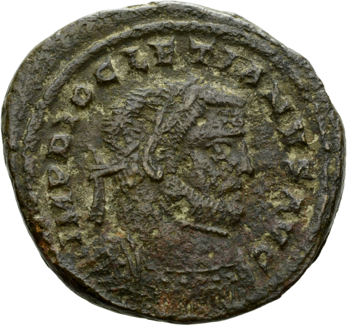 RIC VI Londinium 13 Maximian obverse, Bust of Diocletian, laureate, cuirassed, right. With small head on tall neck.