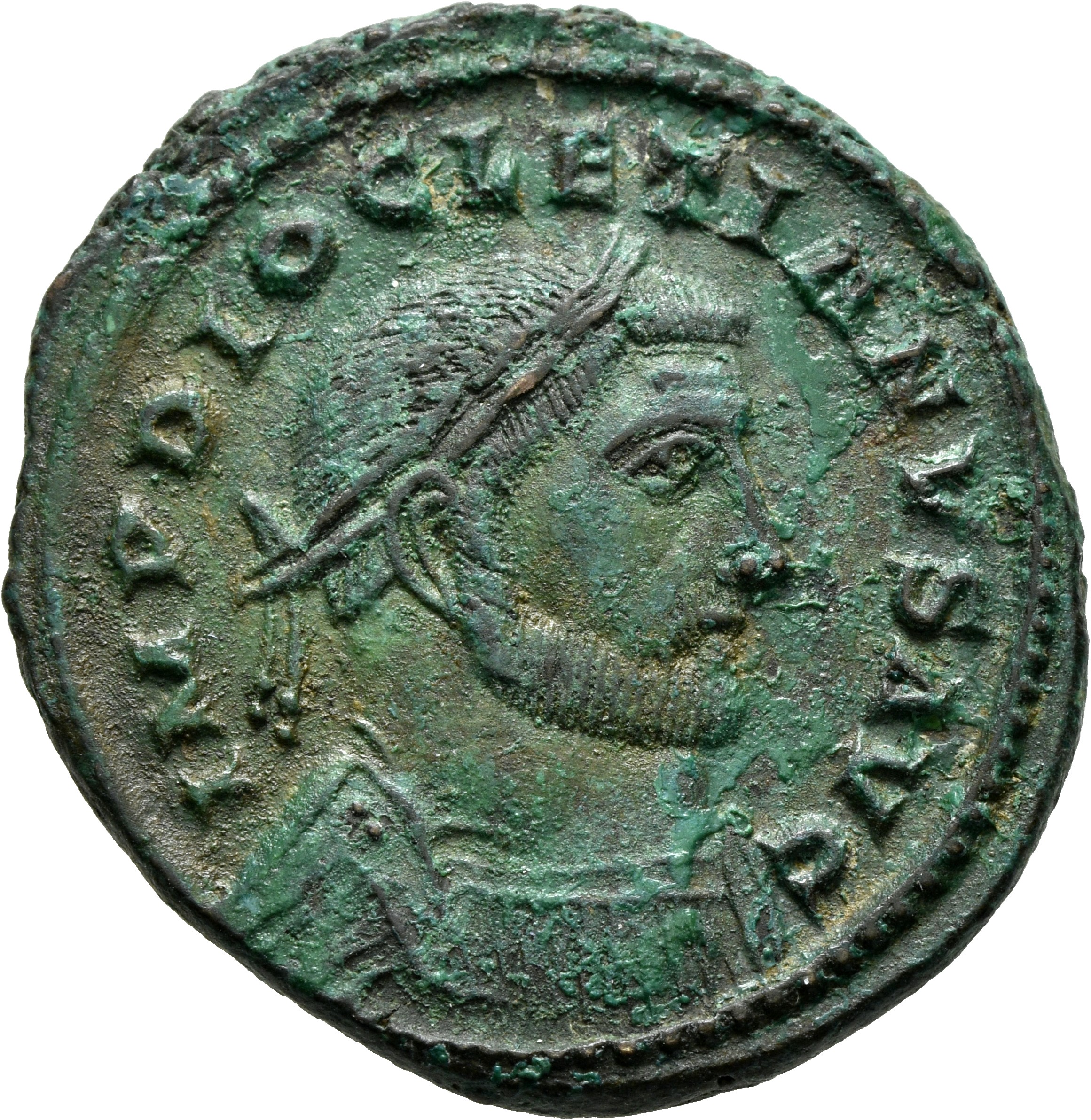 RIC VI Londinium 13 Maximian obverse, Bust of Diocletian, laureate, cuirassed, right. With small head on tall neck.