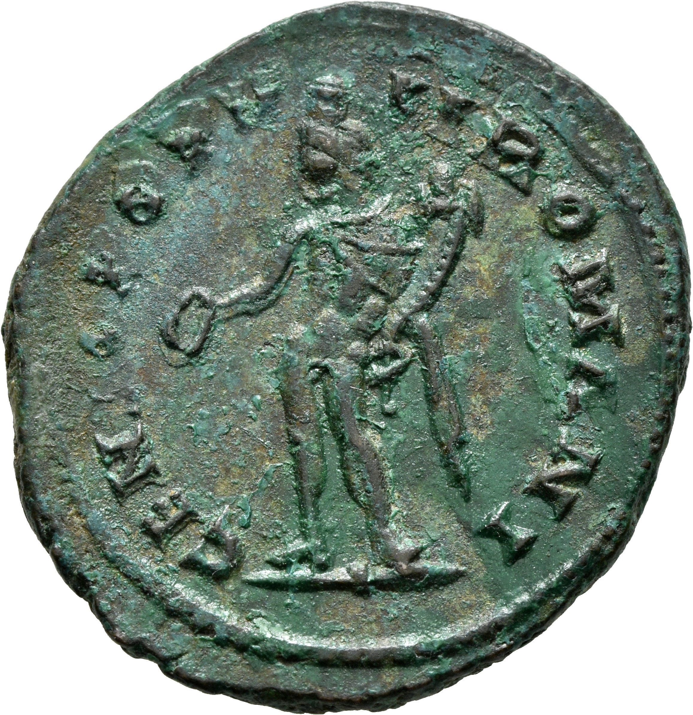 RIC VI Londinium 13 Maximian reverse, Genius, wearing modius, nude, chlamys draped over left shoulder, standing left, hold...