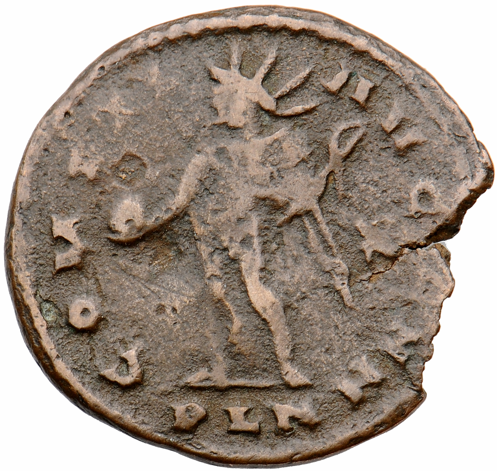 RIC VI Londinium 153 Constantine I reverse, Sol, chlamys falling from left shoulder, standing left, holding up globe in ri...