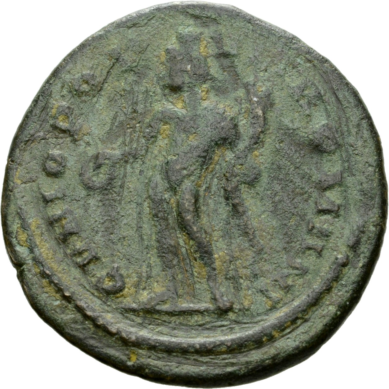 RIC VI Londinium 17 Maximian reverse, Genius, wearing modius, nude, chlamys draped over left shoulder, standing left, hold...