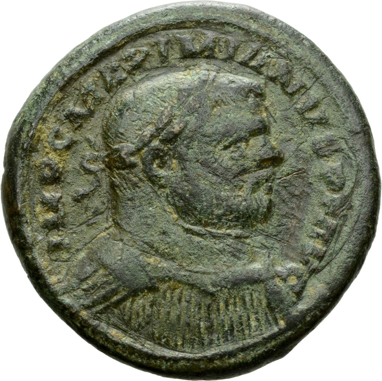 RIC VI Londinium 17 Maximian obverse, Bust of Maximian, laureate, cuirassed, right. With larger, elongated head on shorter...