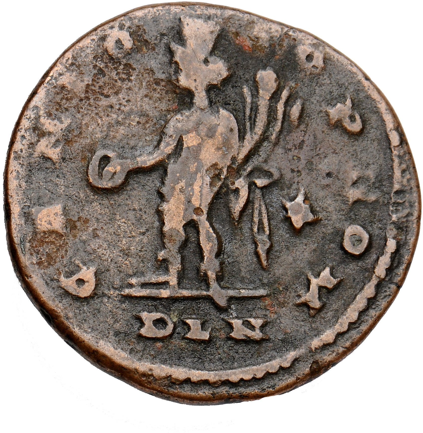 Constantine I reverse — Genius, turreted, draped, standing left, holding patera in right hand and cornucopiae in left hand