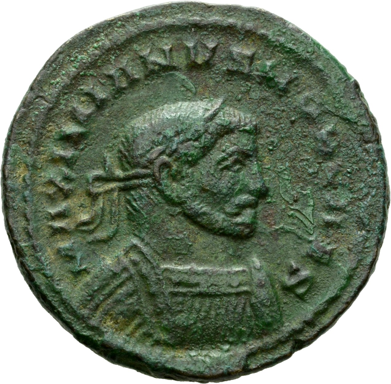 RIC VI Londinium 21 Maximian obverse, Bust of Galerius, laureate, cuirassed, right. With larger, elongated head on shorter...