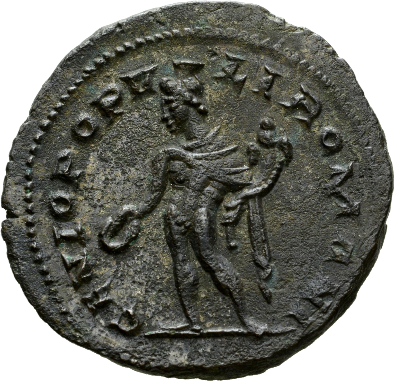 RIC VI Londinium 21 Maximian reverse, Genius, wearing modius, nude, chlamys draped over left shoulder, standing left, hold...