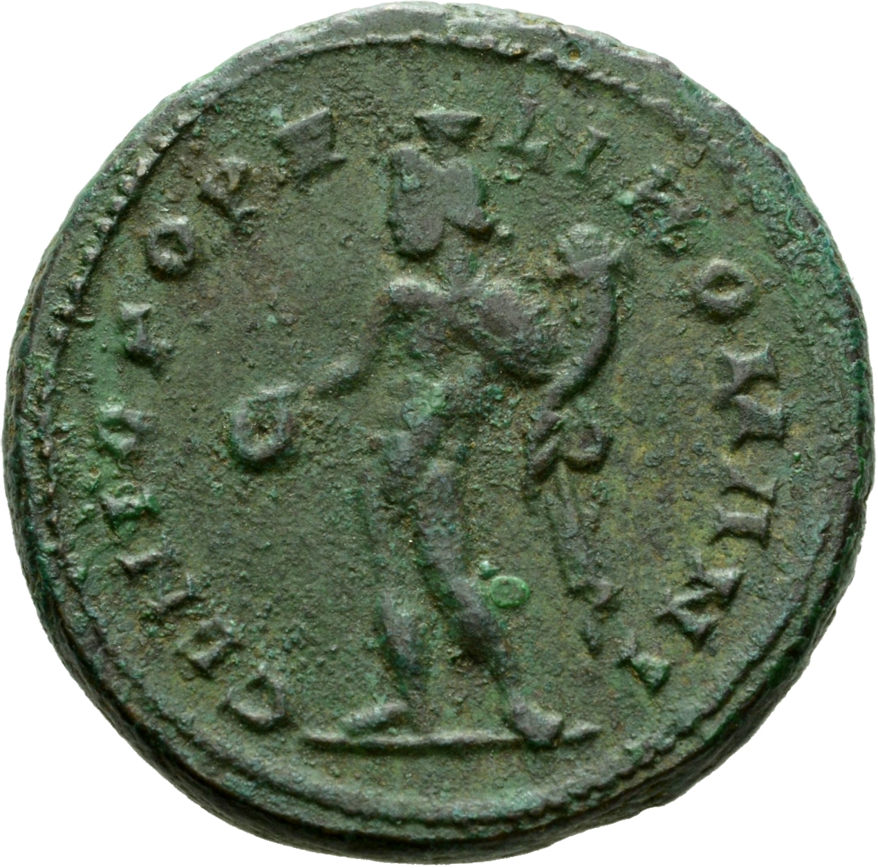 RIC VI Londinium 21 Maximian reverse, Genius, wearing modius, nude, chlamys draped over left shoulder, standing left, hold...
