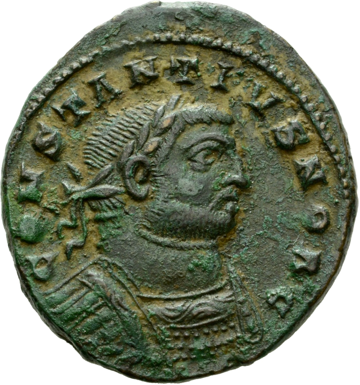 RIC VI Londinium 22 Maximian obverse, Bust of Constantius Chlorus, laureate, cuirassed, right. With larger, elongated head...