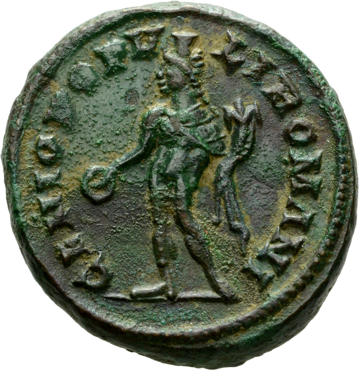 RIC VI Londinium 22 Maximian reverse, Genius, wearing modius, nude, chlamys draped over left shoulder, standing left, hold...