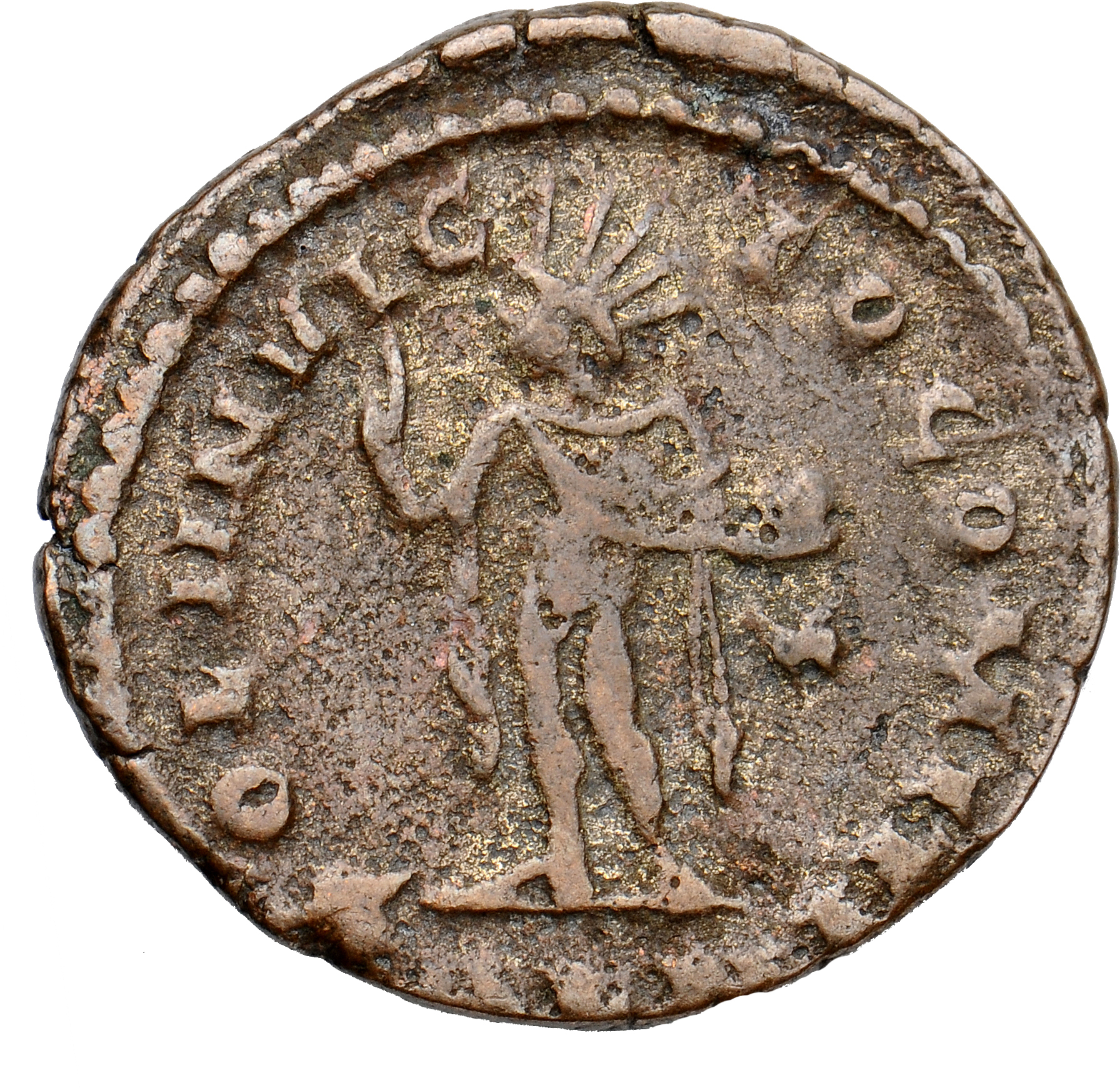 Constantine I reverse — Sol, chlamys draped over left shoulder, standing left, raising right hand and holding up globe with left hand