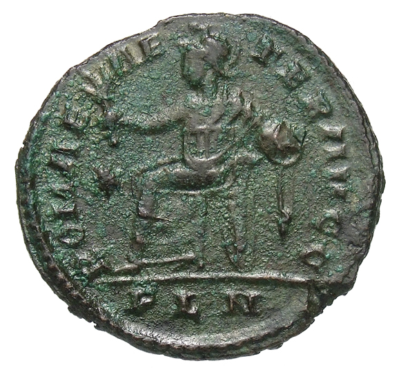 RIC VI Londinium 271 Constantine I reverse, Roma, helmeted, draped, seated left, holding branch in right hand and globe in...