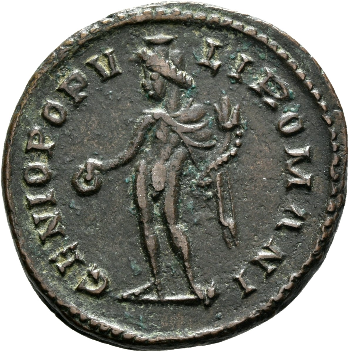 RIC VI Londinium 28a Maximian reverse, Genius, wearing modius, nude, chlamys draped over left shoulder, standing left, hol...