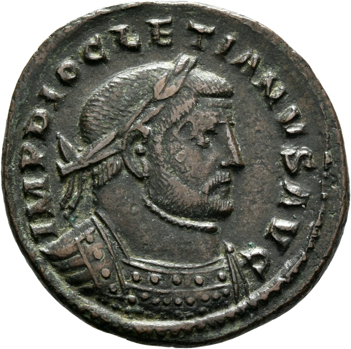 RIC VI Londinium 28a Maximian obverse, Bust of Diocletian, laureate, cuirassed, right. Large spread bust in low relief.