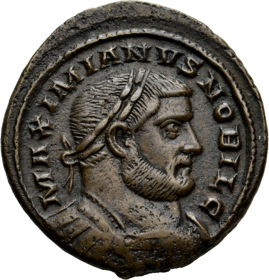 RIC VI Londinium 33 Maximian obverse, Bust of Galerius, laureate, cuirassed, right. Large spread bust in low relief.
