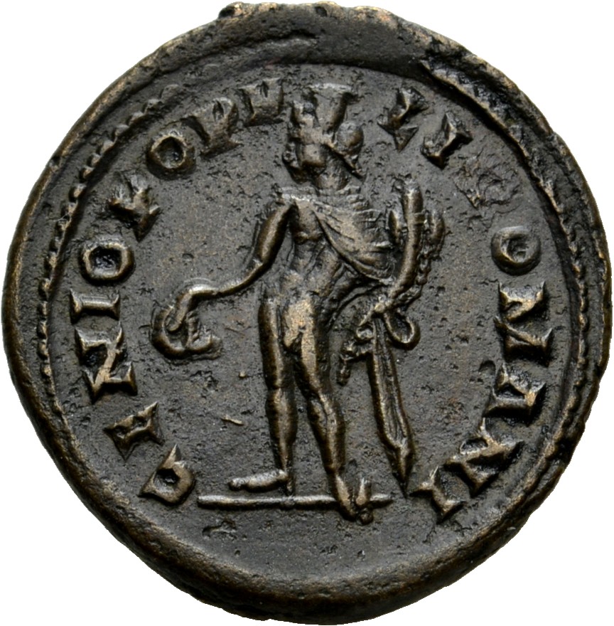 RIC VI Londinium 33 Maximian reverse, Genius, wearing modius, nude, chlamys draped over left shoulder, standing left, hold...