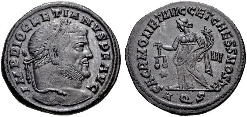 RIC VI Londinium 37a Maximian obverse, Bust of Constantius Chlorus, laureate, cuirassed, right. Large spread bust in low r...