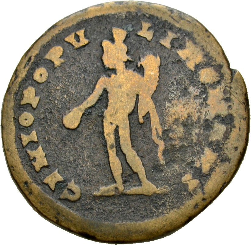 RIC VI Londinium 41 Constantius Chlorus reverse, Genius, wearing modius, nude, chlamys draped over left shoulder, standing...