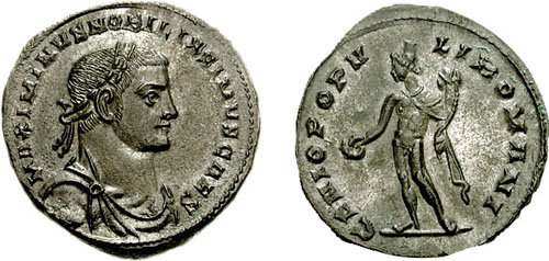 RIC VI Londinium 59b Constantius Chlorus obverse, Bust of Maximinus Daia, laureate, draped, cuirassed, right, seen from front