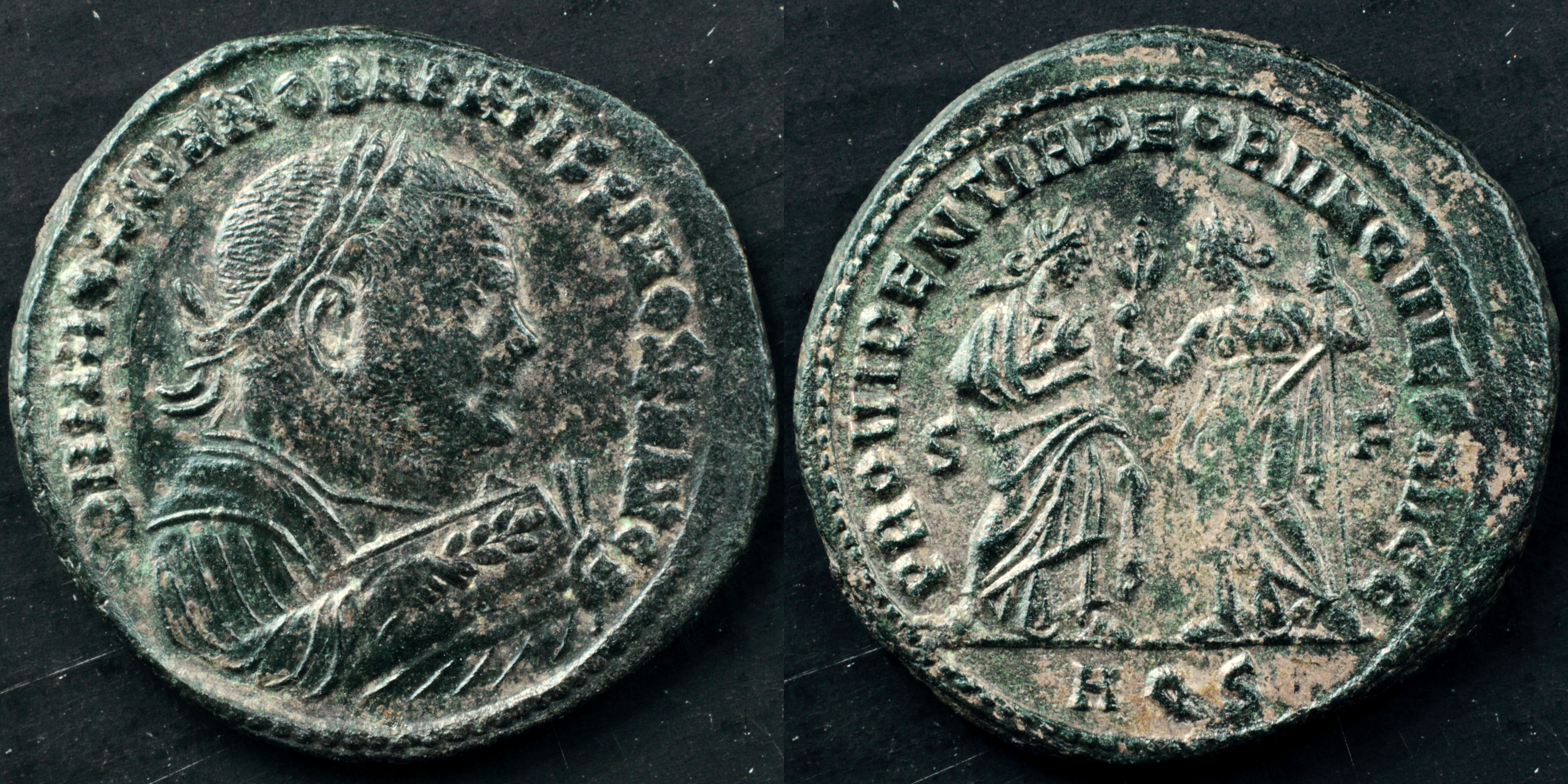 RIC VI Londinium 63b Constantius Chlorus obverse, Bust of Maximinus Daia, laureate, draped, cuirassed, right, seen from front