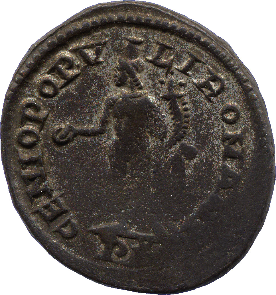 RIC VI Londinium 6a Maximian reverse, Genius, wearing modius, nude, chlamys draped over left shoulder, standing left, hold...