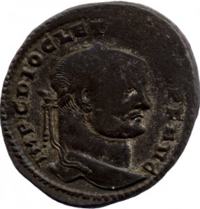RIC VI Londinium 6a Maximian obverse, Bust of Diocletian, laureate, cuirassed, right. With small head on tall neck.