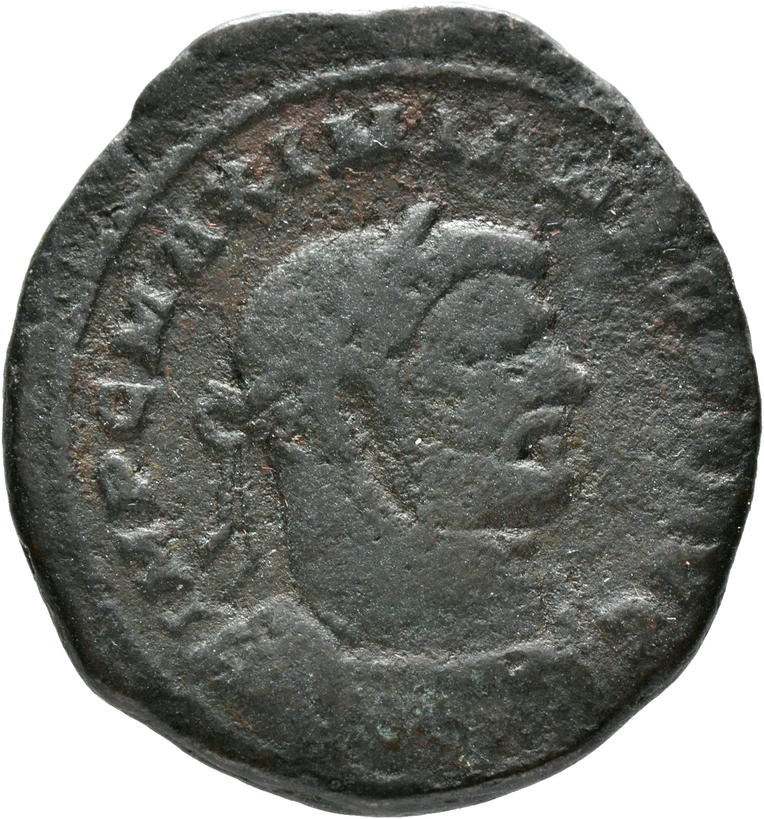 RIC VI Londinium 6b Maximian obverse, Bust of Maximian, laureate, cuirassed, right. With small head on tall neck.