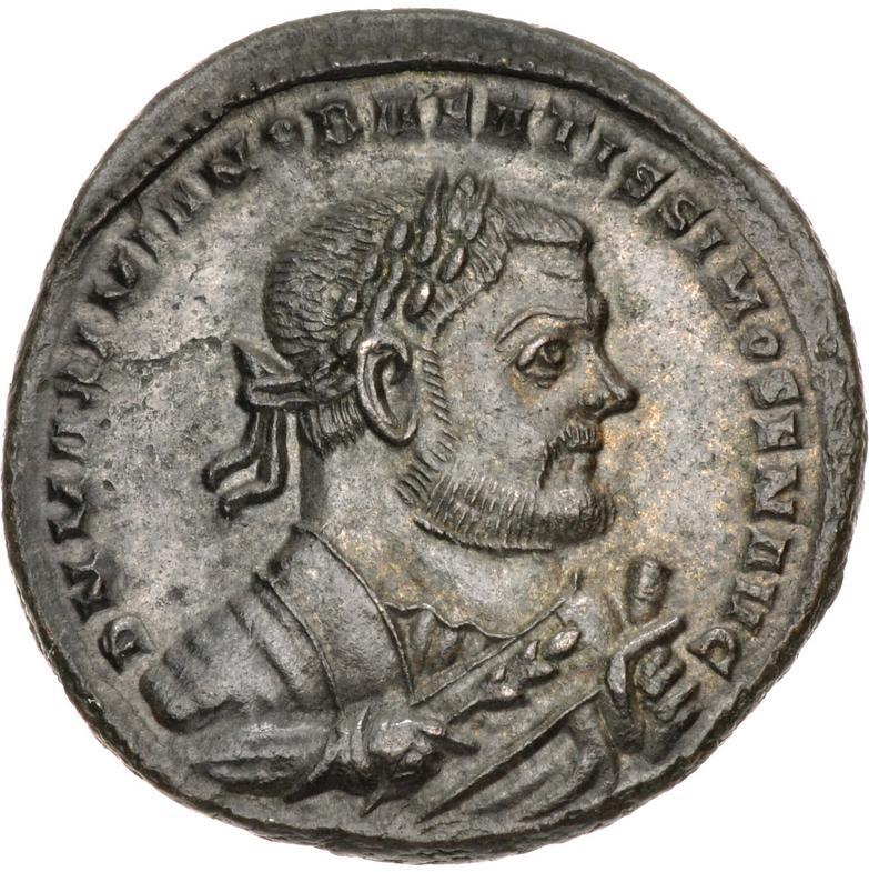 RIC VI Londinium 76b Constantius Chlorus reverse, Providentia, draped, standing right, extending right hand to Quies; Quie...