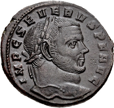 RIC VI Londinium 76b Constantius Chlorus obverse — Bust of Maximian, laureate, wearing imperial mantle, right, holding oli...