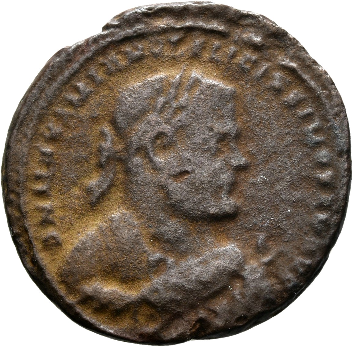 RIC VI Londinium 77b Constantius Chlorus obverse, Bust of Maximian, laureate, wearing imperial mantle, right, holding oliv...