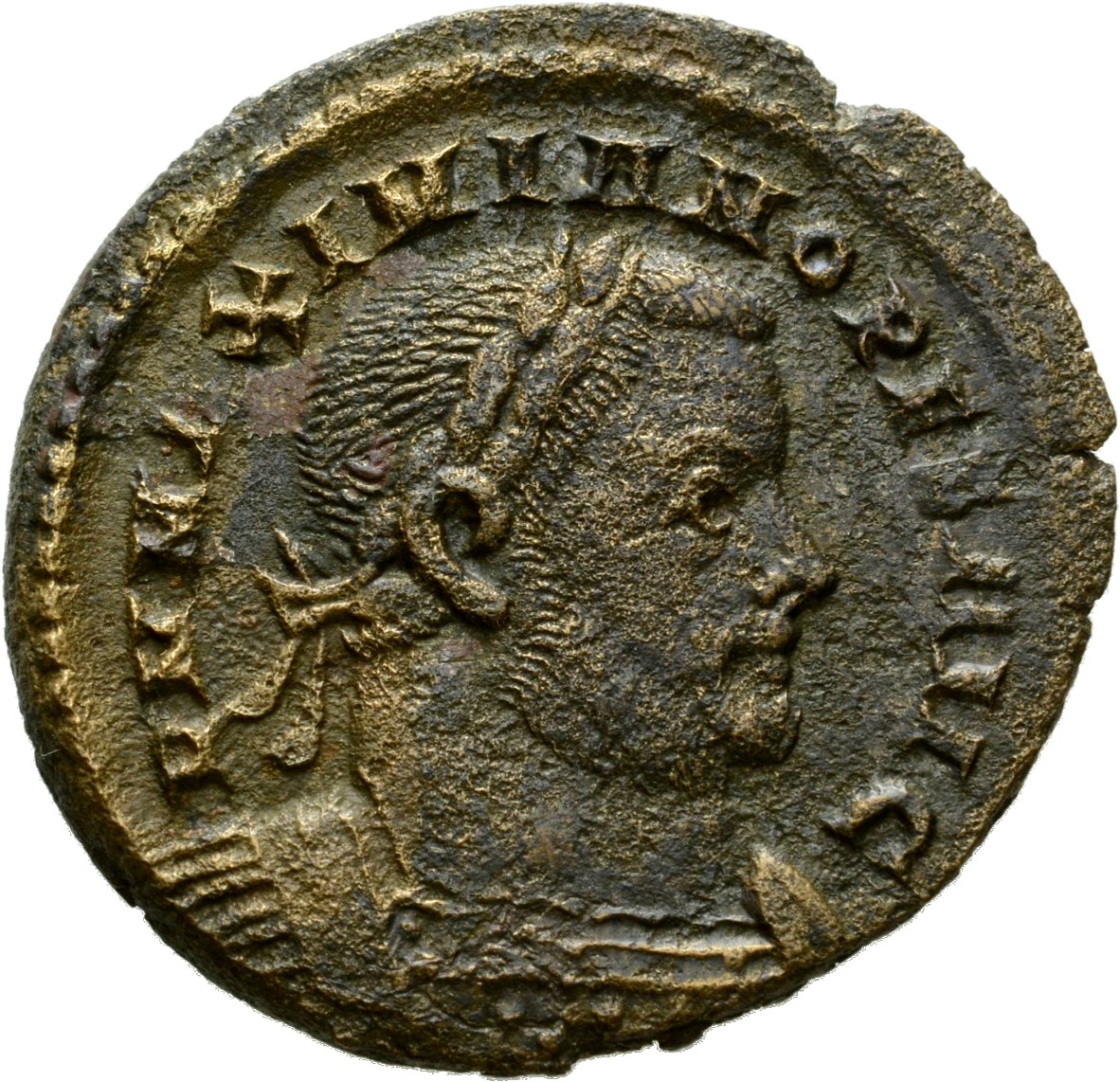 Constantine I obverse — Bust of Maximian, laureate, cuirassed, right