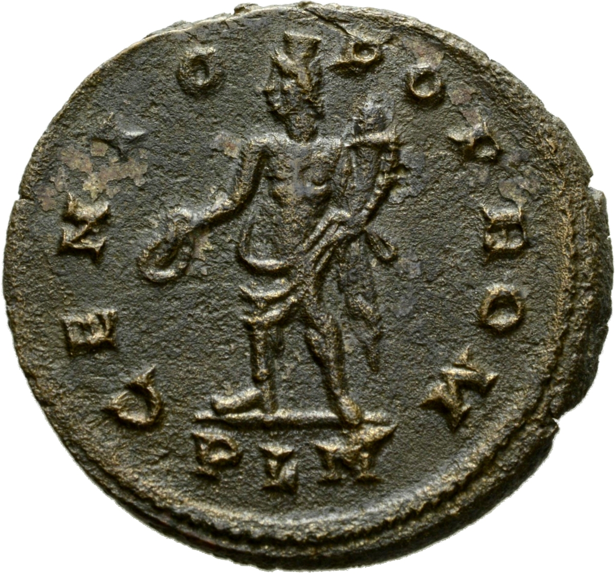 Constantine I reverse — Genius, wearing modius, draped, standing left, holding patera in right hand and cornucopiae in left hand