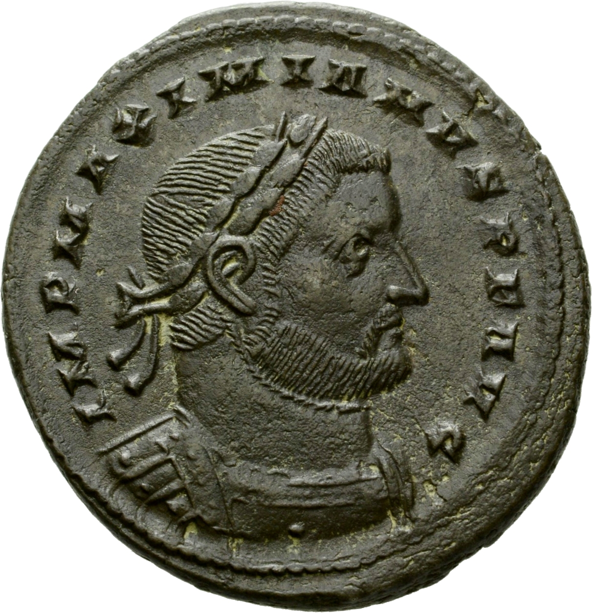 Constantine I obverse — Bust of Galerius, laureate, cuirassed, right