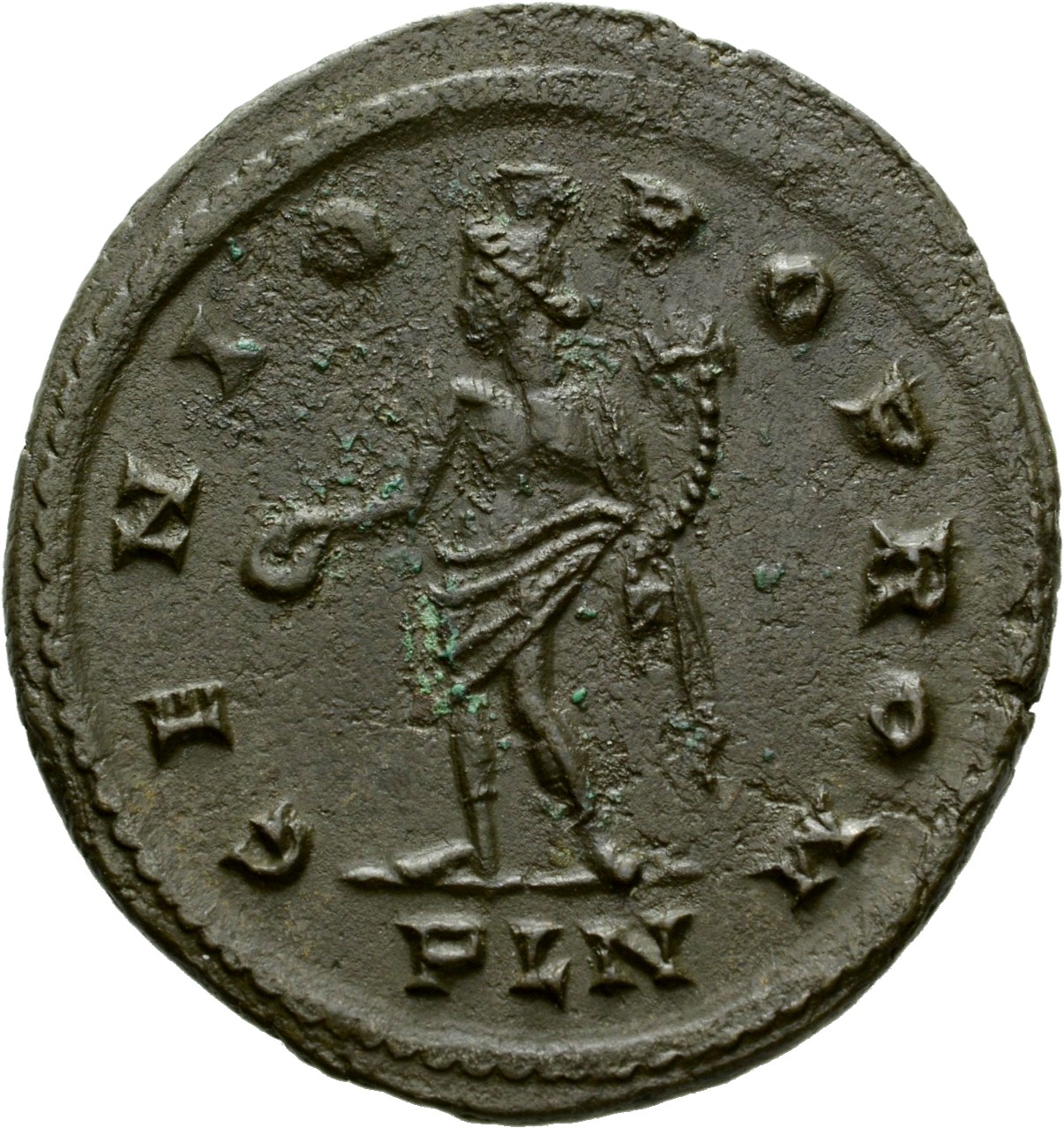 Constantine I reverse — Genius, turreted, draped, standing left, holding patera in right hand and cornucopiae in left hand