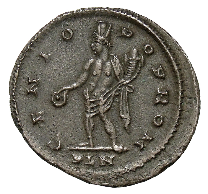 RIC VI Londinium 89a Constantine I reverse, Genius, turreted, draped, standing left, holding patera in right hand and corn...