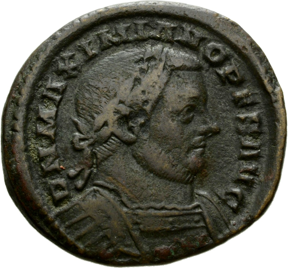 Constantine I obverse — Bust of Maximian, laureate, cuirassed, right