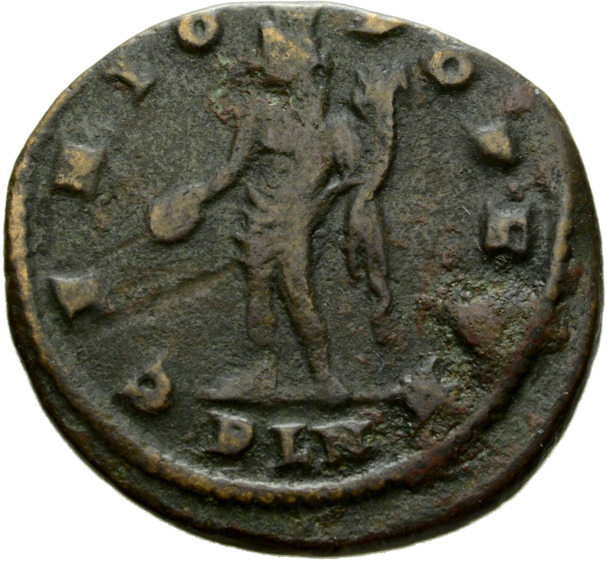 Constantine I reverse — Genius, turreted, draped, standing left, holding patera in right hand and cornucopiae in left hand