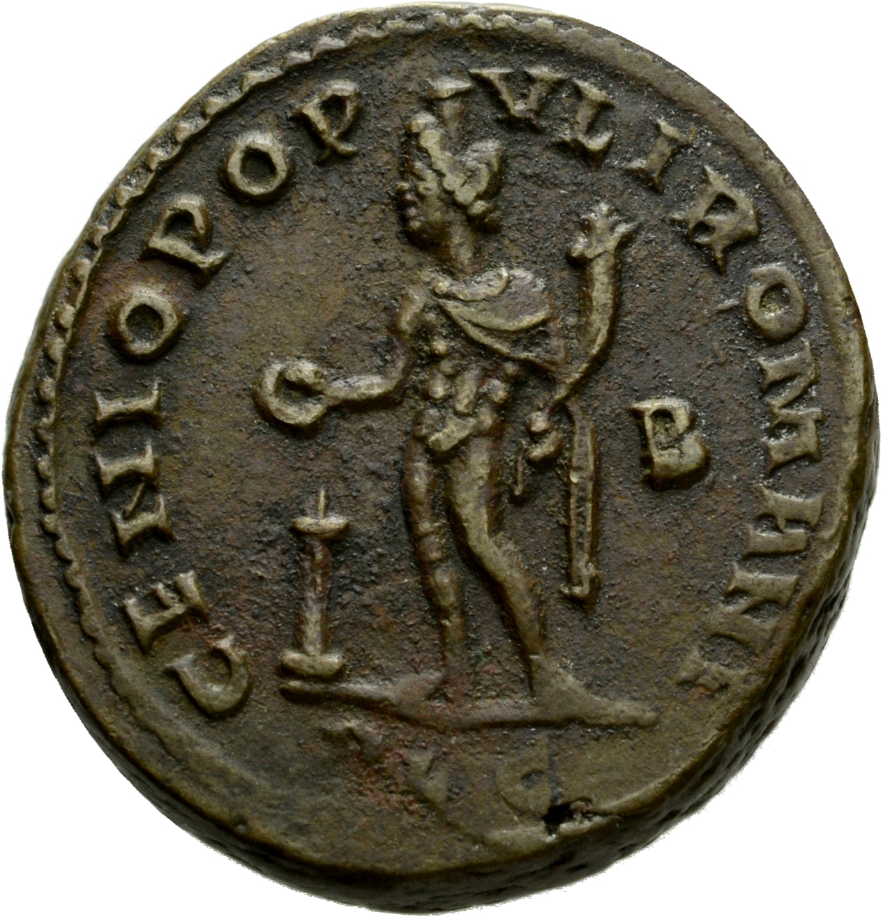 RIC VI Lugdunum 106 Maximian reverse, Genius, wearing modius, nude, chlamys draped over left shoulder, standing left, hold...