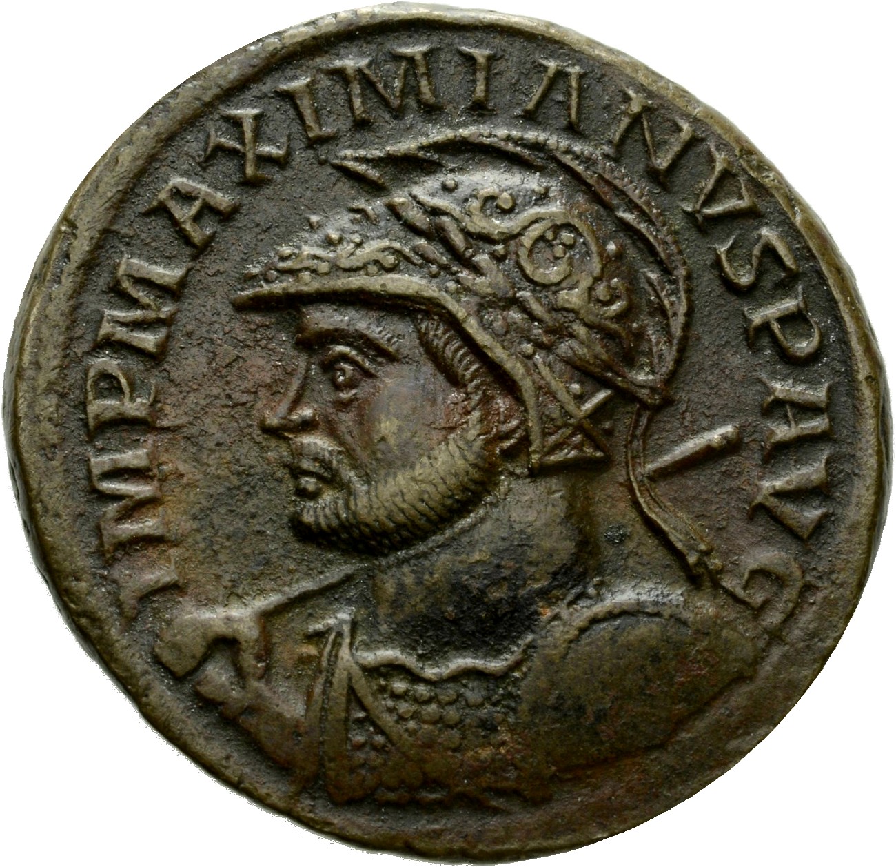 RIC VI Lugdunum 106 Maximian obverse, Bust of Maximian, helmeted, cuirassed, left, holding sceptre over right shoulder and...